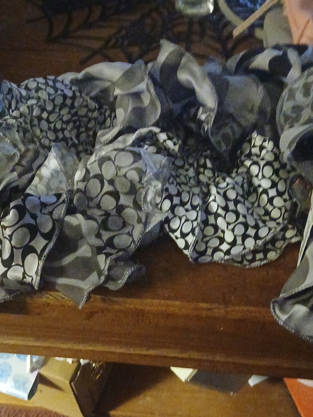 Coach Gray and Black Signature Print Decorative Scarf Ruffeled Oblong